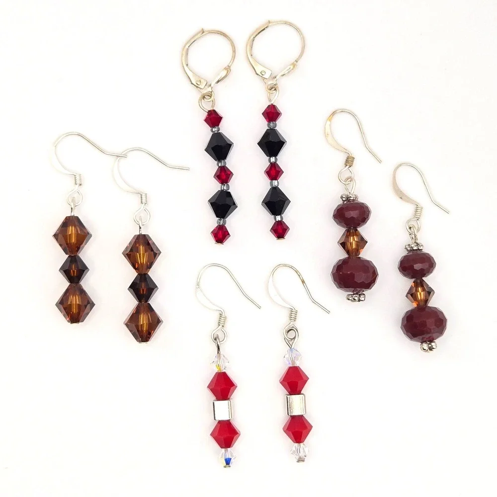 4 Pair Handmade Crystal Bead Dangle Earrings Red Black Brown‎ Silver Tone Hooks